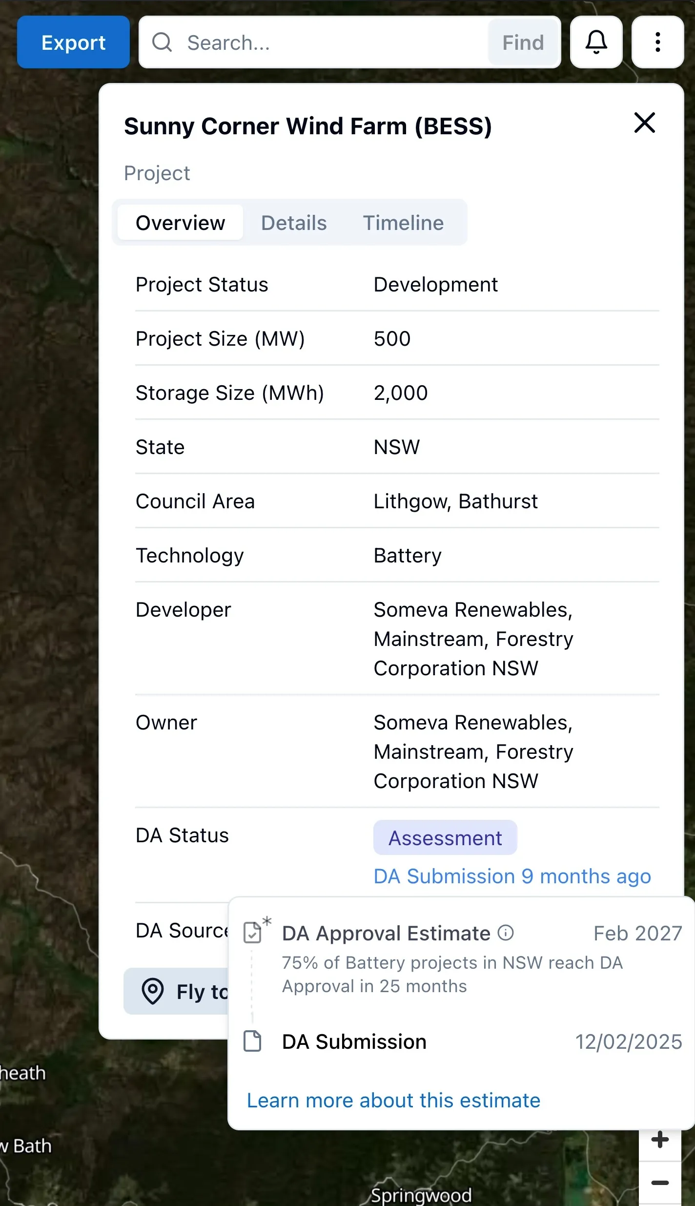 Screenshot of RenewMap overview tab with approval estimates popup