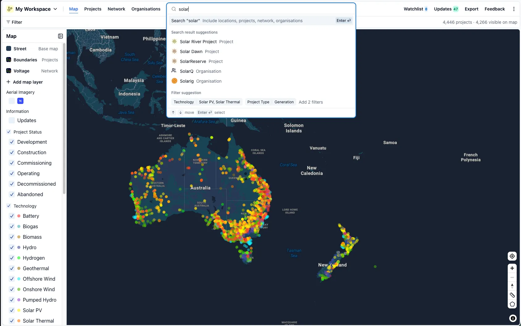The search results panel in RenewMap
