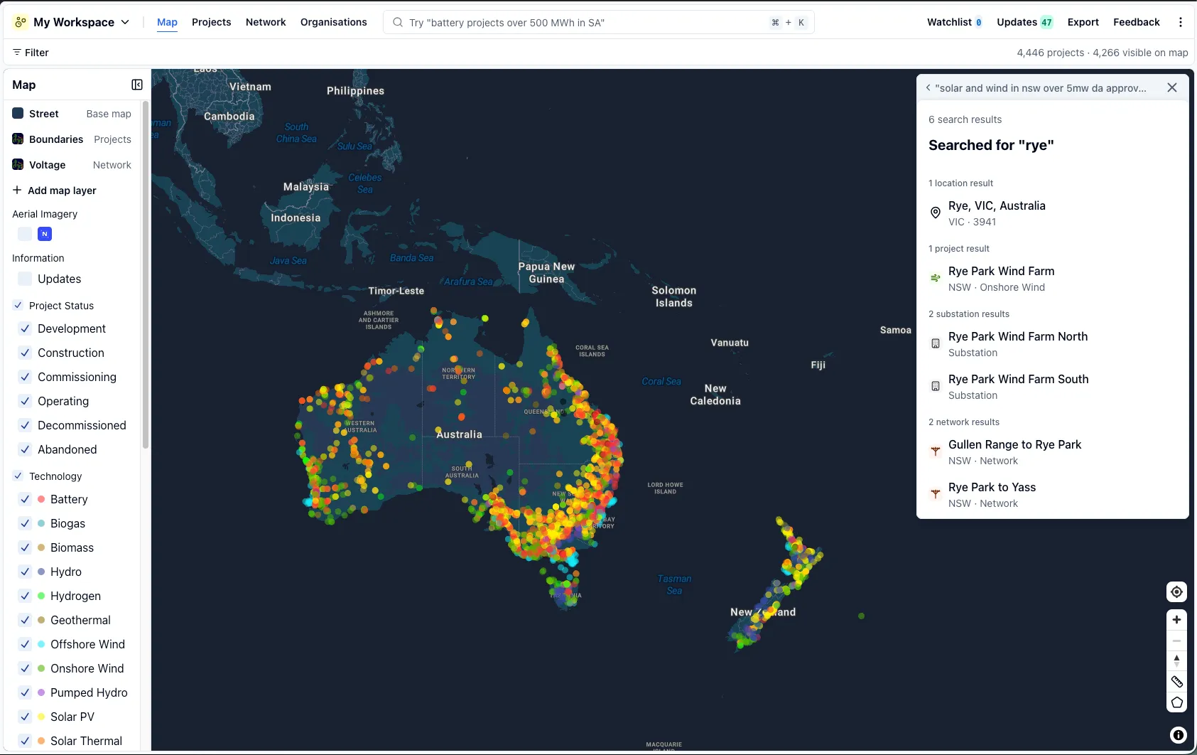 The search results panel in RenewMap