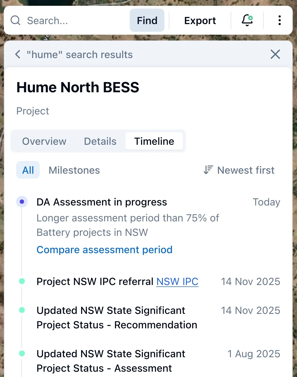 Screenshot of RenewMap project timeline with DA assessment in progress