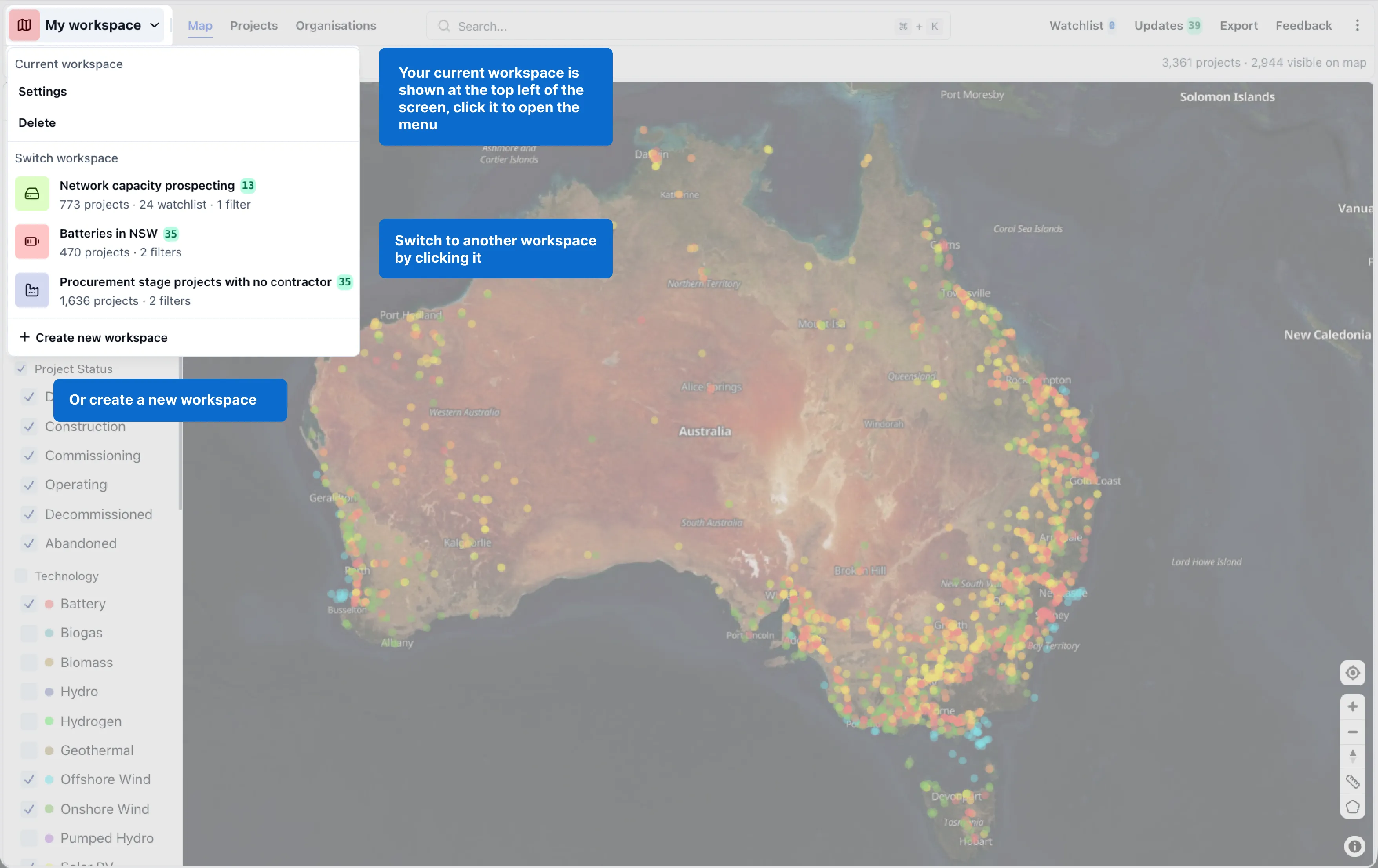 The workspace menu in RenewMap