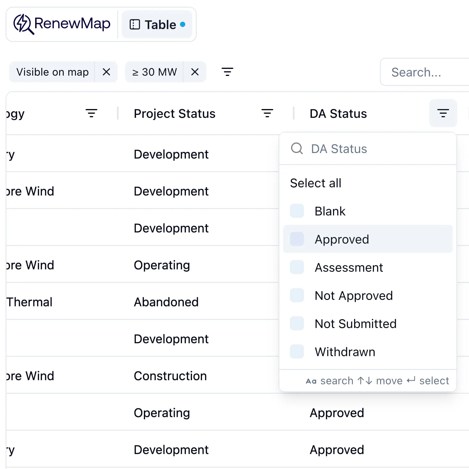 Product filtering screenshot