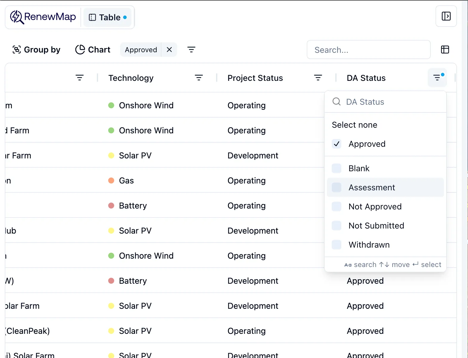Product project filtering screenshot