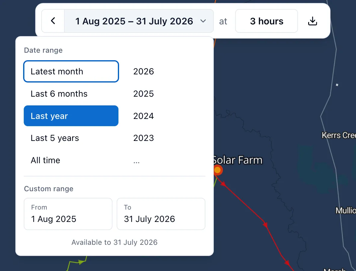 The global time picker above the RenewMap map