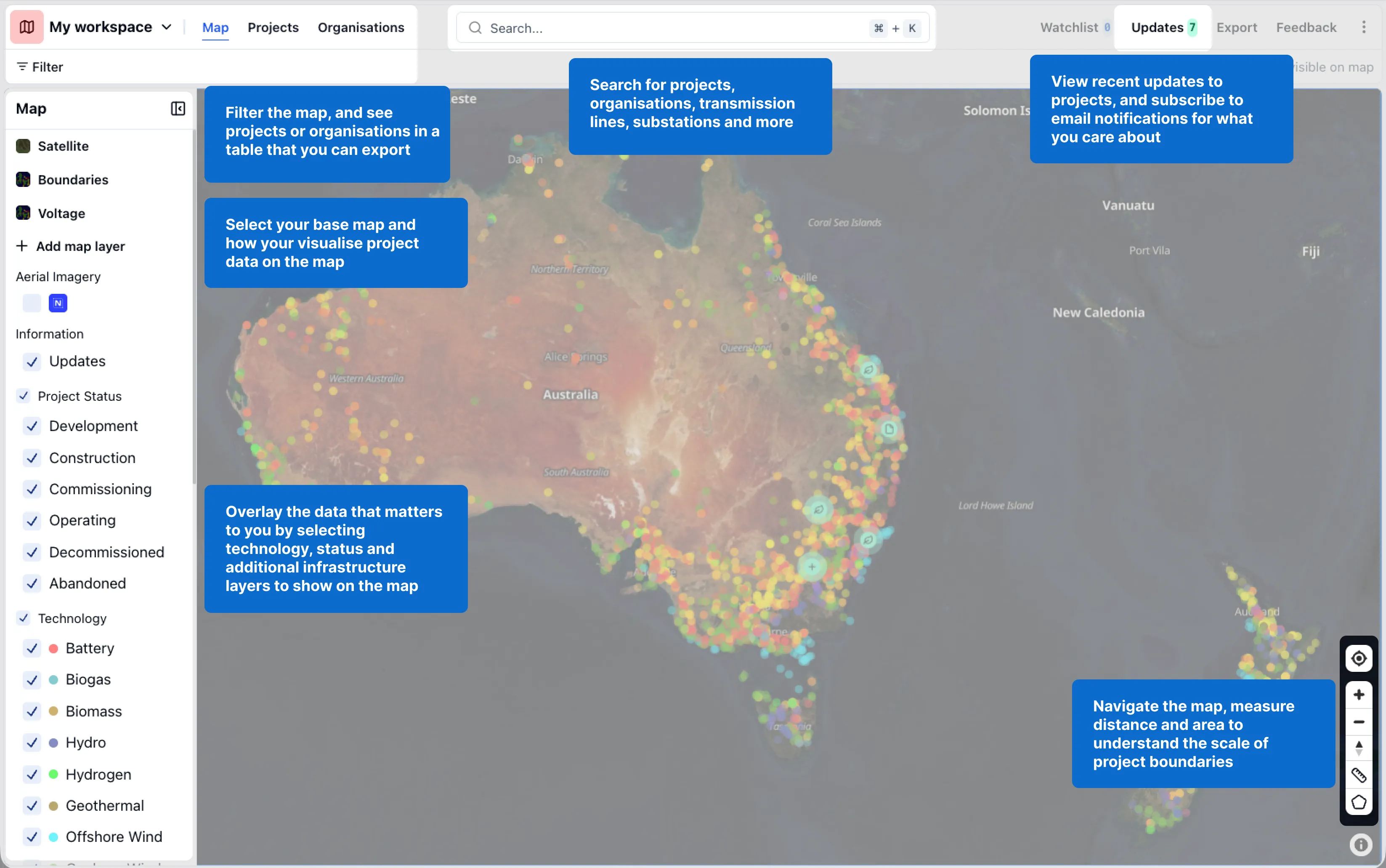 Annotated overview of RenewMap pointing out its main features in the user interface.