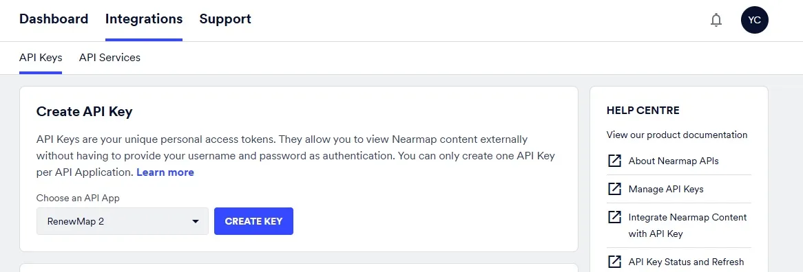Nearmap API key creation interface