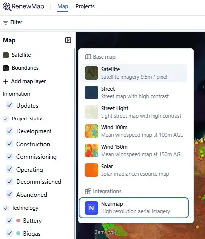 RenewMap base map panel showing Nearmap integration option