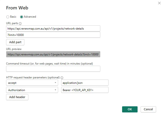 PowerBI configuring a connection to the network endpoint