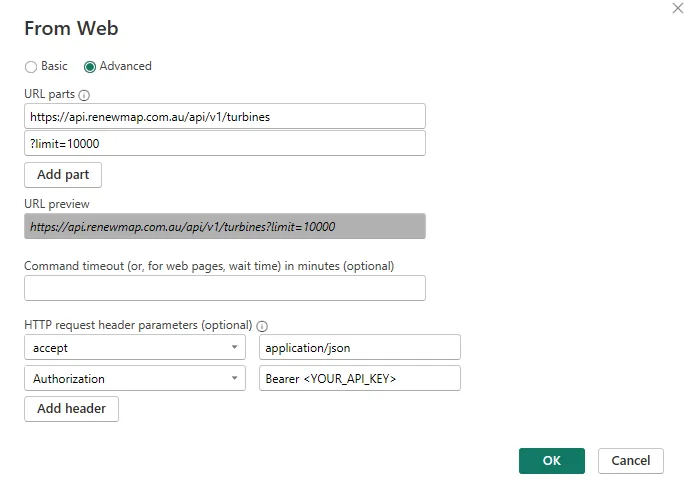 PowerBI configuring a connection to the turbines endpoint