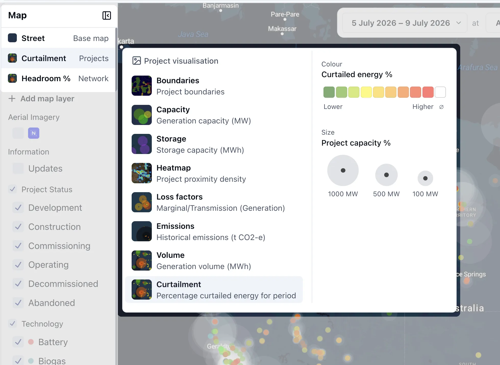 The Curtailment visualisation selected for projects on the RenewMap map