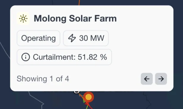 A tooltip showing a project's curtailment value on the RenewMap map