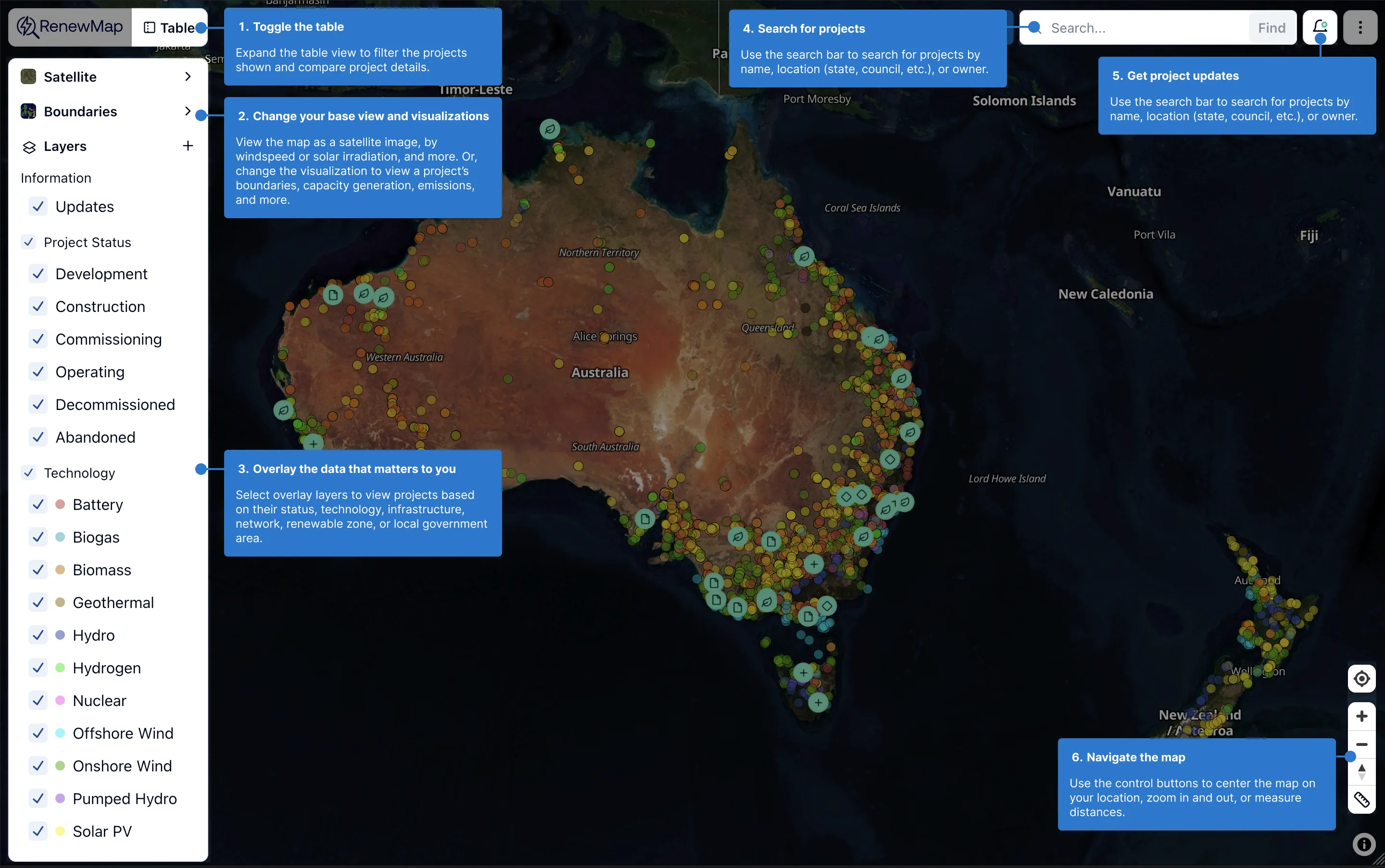 Annotated overview of RenewMap pointing out its main features in the user interface.