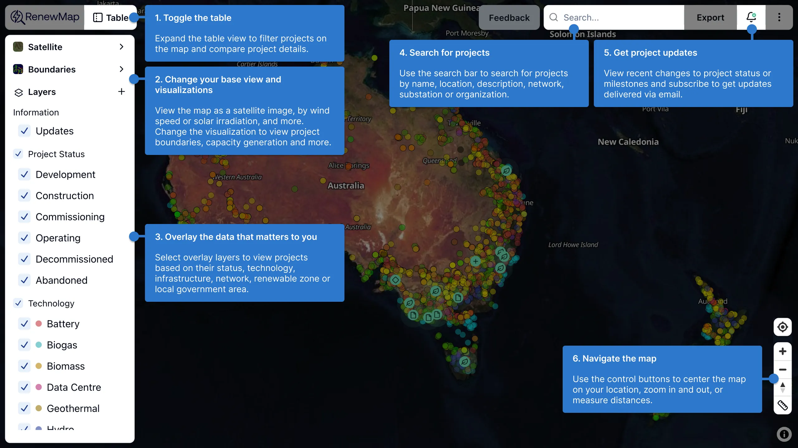 Annotated overview of RenewMap pointing out its main features in the user interface.